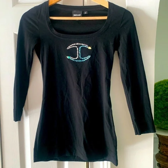Roberto (Just) Cavalli Top T Shirt Rhinestone Logo Black Small - Picture 1 of 5